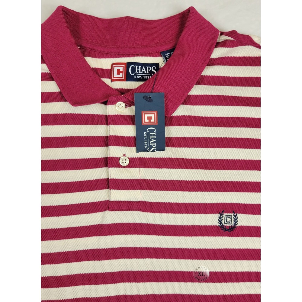 Chaps NWT Mens XL Dark Pink Cream Striped Short Sleeve Cotton Polo Shirt 13300R
